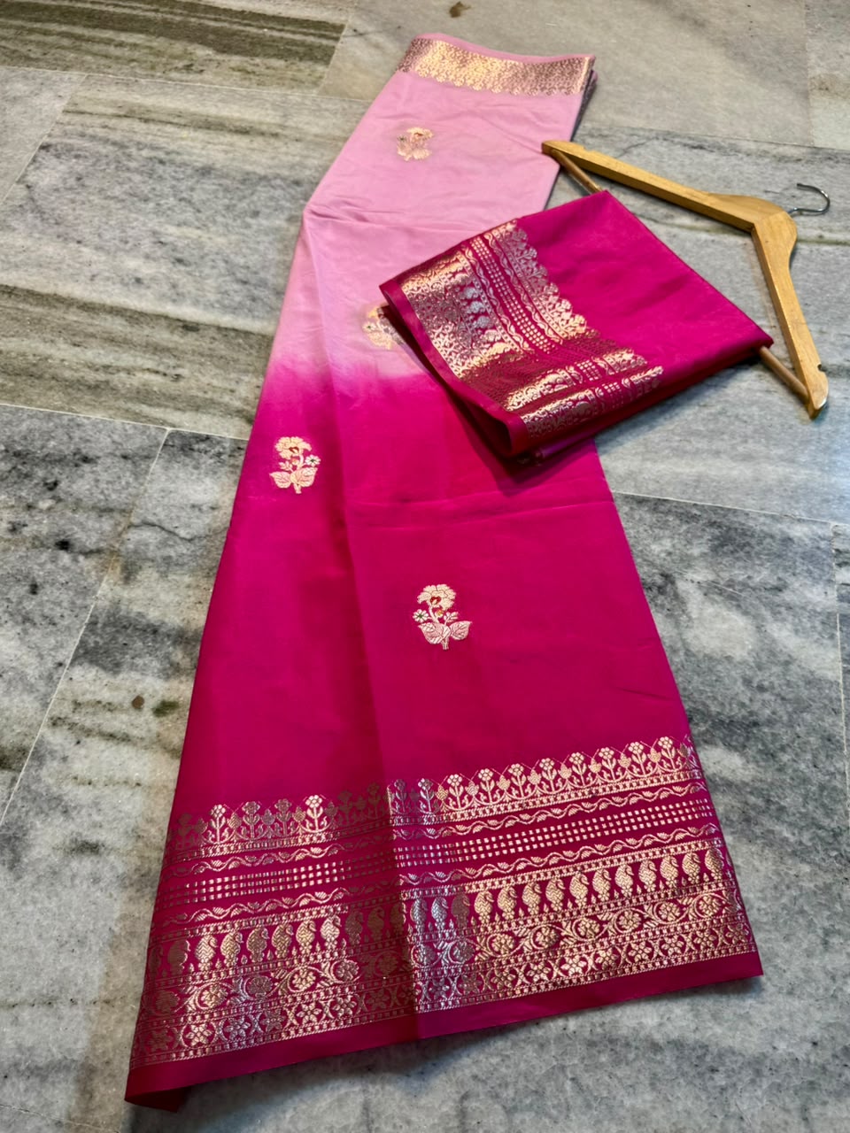 Raw Mango Baby Pink and Rani Pink Silk Saree | Festive Dual Tone Zari Border Saree