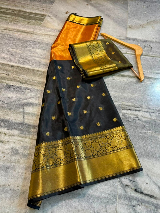 Black & Copper Orange Soft Tissue Saree with Gold Zari Floral Border | Festive & Wedding Saree