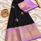 Black Silk Saree With Lavender Zari Border  & Floral Butta