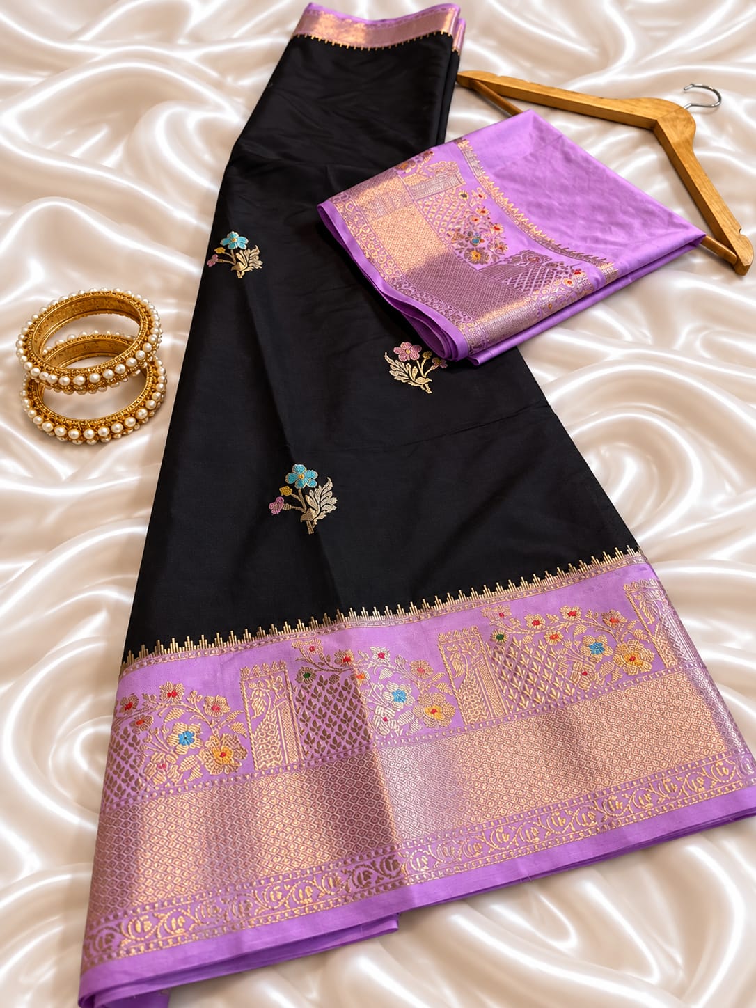 Black Silk Saree With Lavender Zari Border  & Floral Butta