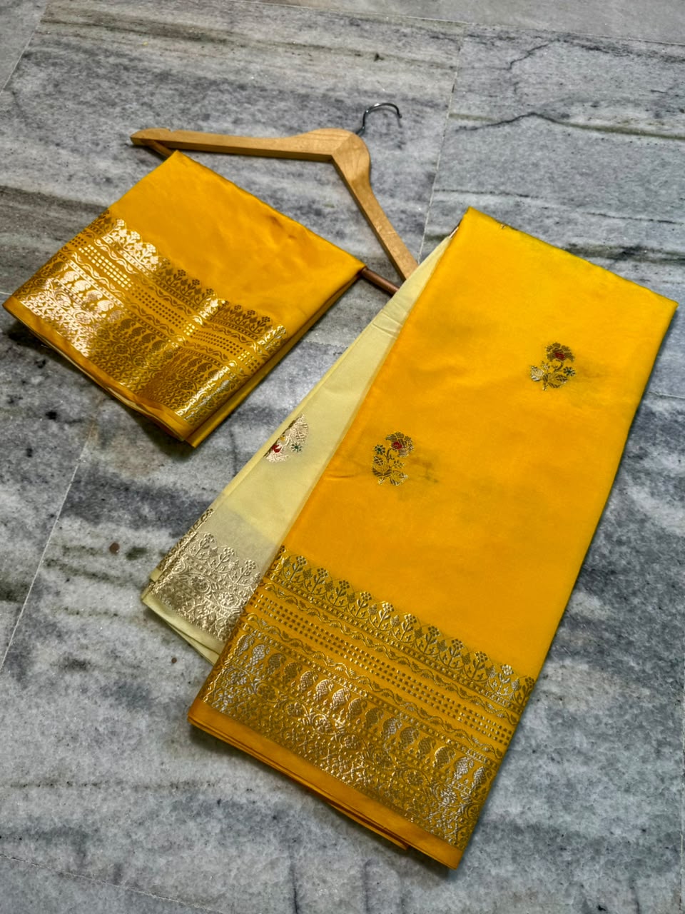 Raw Mango Cream and Yellow Silk Saree | Festive Silk Saree with Zari Border