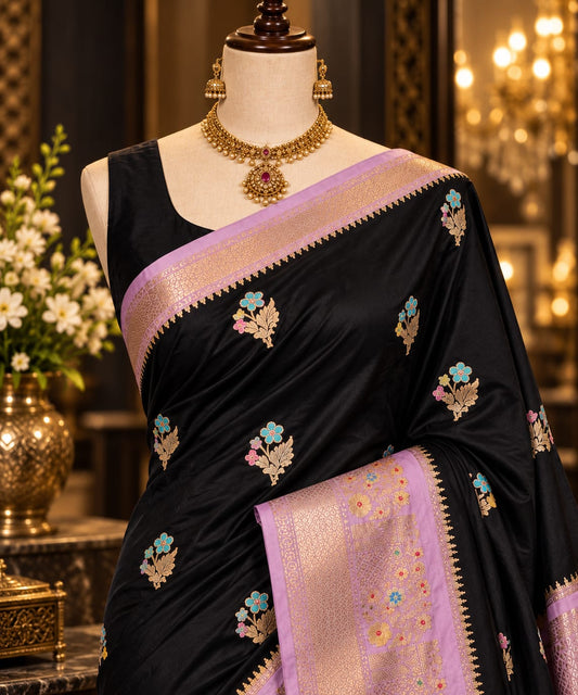 Black Silk Saree With Lavender Zari Border  & Floral Butta