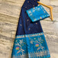 Royal Navy Blue & Sky Blue Soft Silk Saree with Floral Zari Border