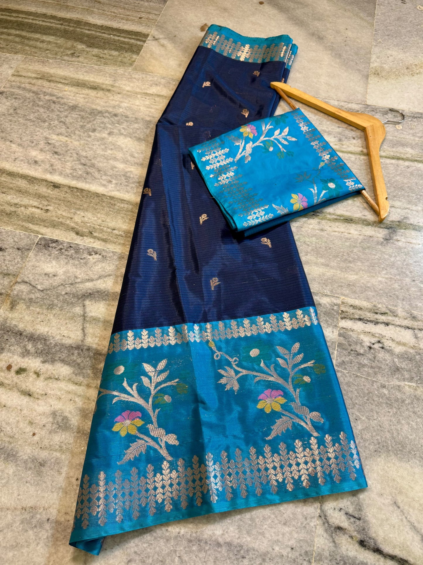 Royal Navy Blue & Sky Blue Soft Silk Saree with Floral Zari Border
