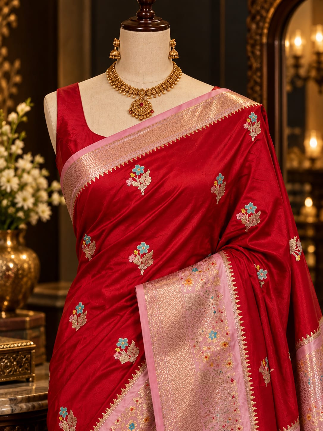 Red Banarasi Silk Saree with Pink Zari Border & Floral Buti | Traditional Designer Saree