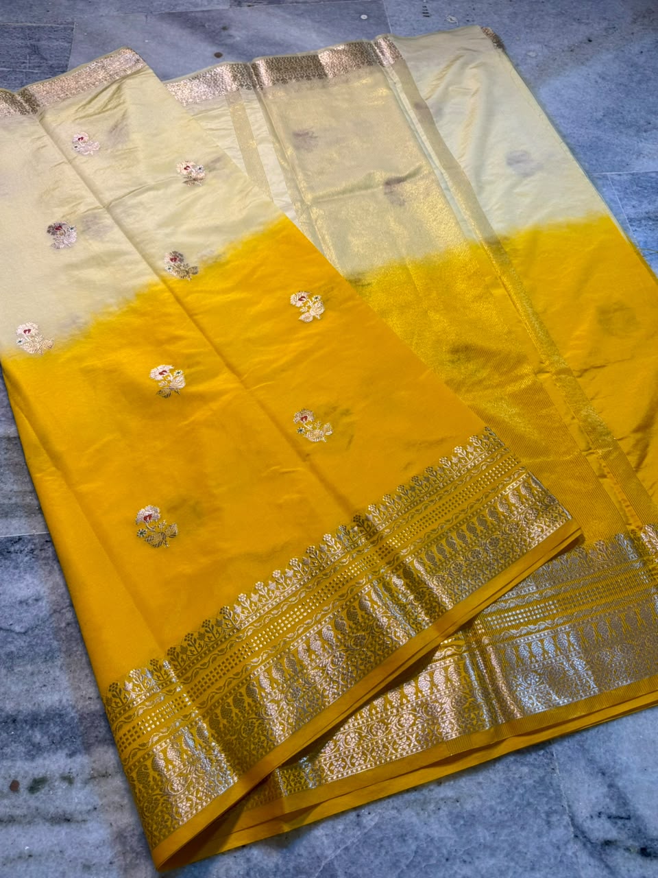 Raw Mango Cream and Yellow Silk Saree | Festive Silk Saree with Zari Border