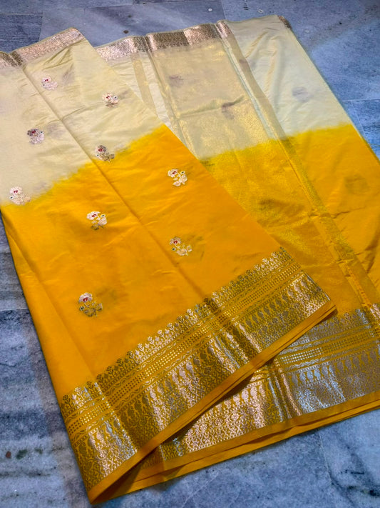 Raw Mango Cream and Yellow Silk Saree | Festive Silk Saree with Zari Border