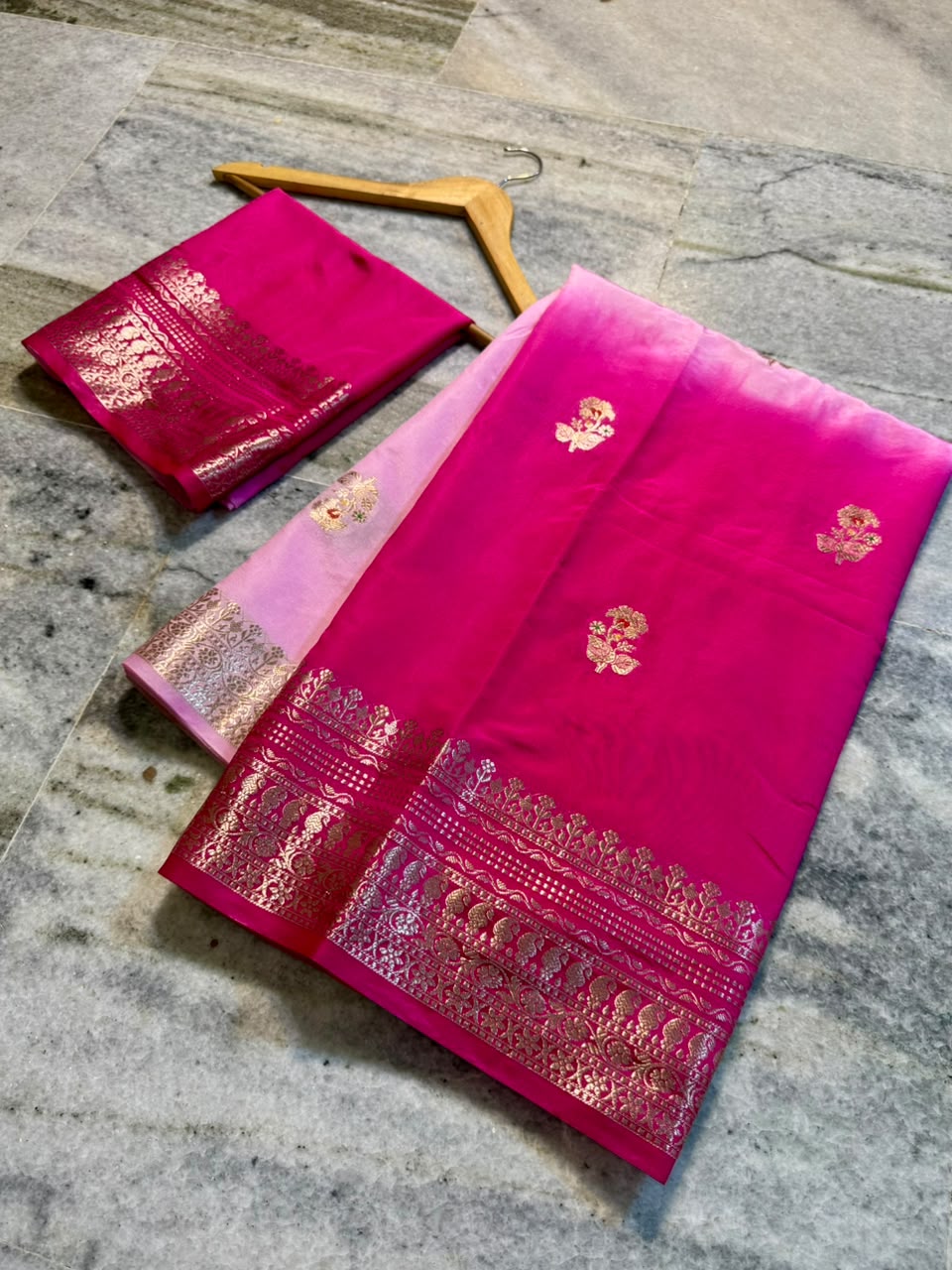 Raw Mango Baby Pink and Rani Pink Silk Saree | Festive Dual Tone Zari Border Saree