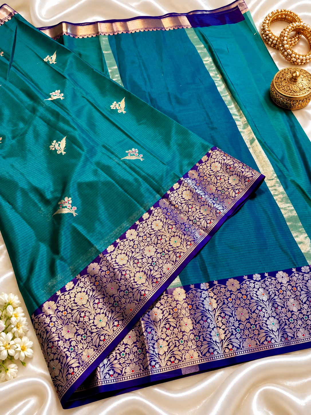 Katan Silk Saree for Women | Teal Blue Saree with Rich Zari Floral Border | Elegant Traditional Party Wear Saree