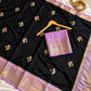 Black Silk Saree With Lavender Zari Border  & Floral Butta