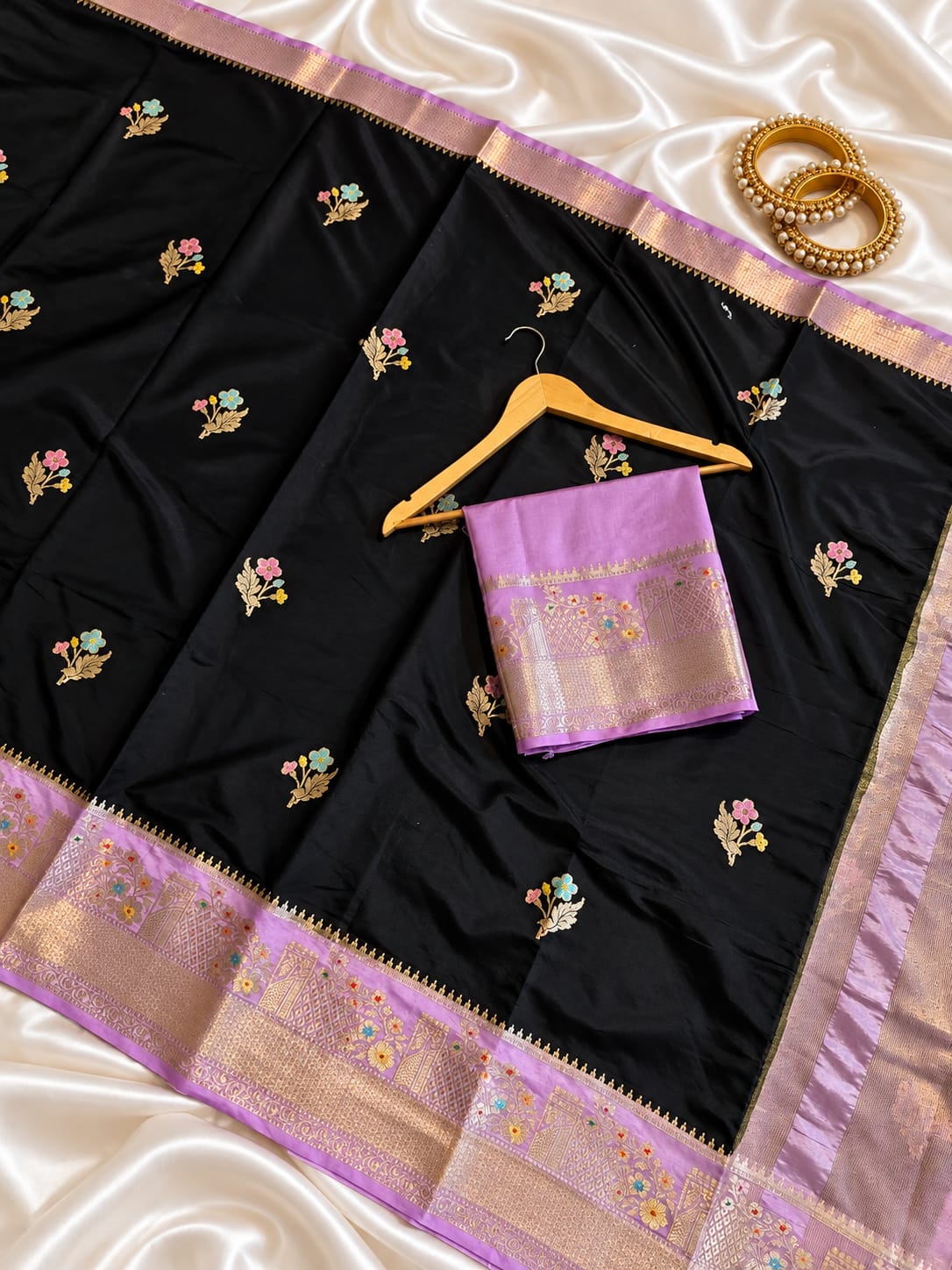 Black Silk Saree With Lavender Zari Border  & Floral Butta