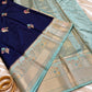Navy Blue & Pastel Blue Banarasi Silk Saree with Floral Zari Weave & Designer Border
