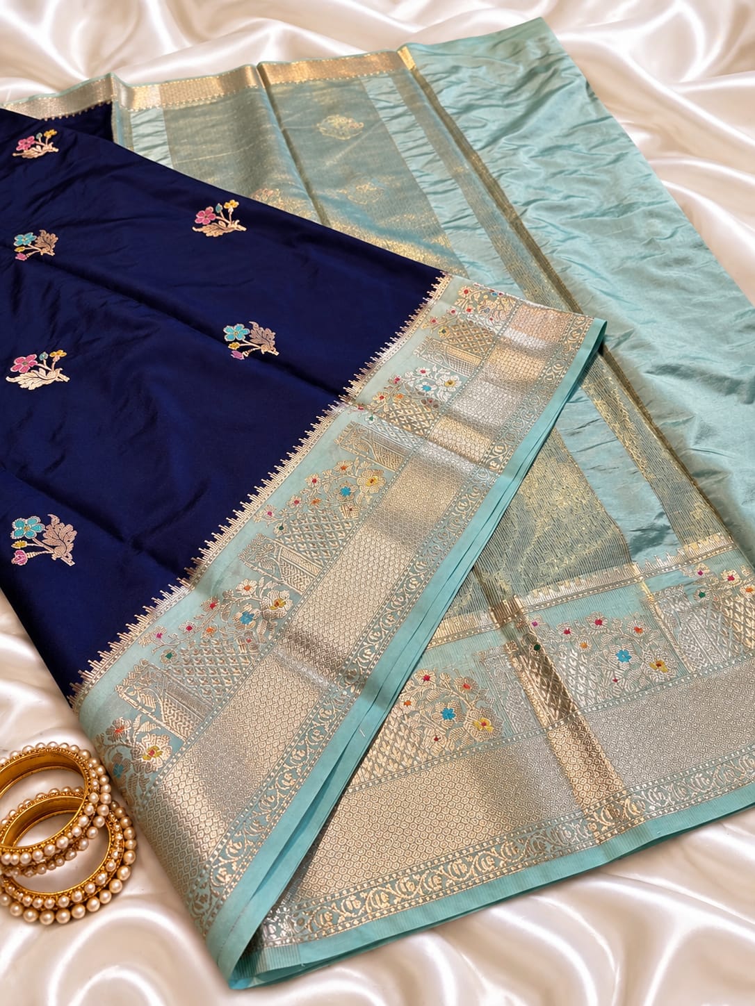 Navy Blue & Pastel Blue Banarasi Silk Saree with Floral Zari Weave & Designer Border