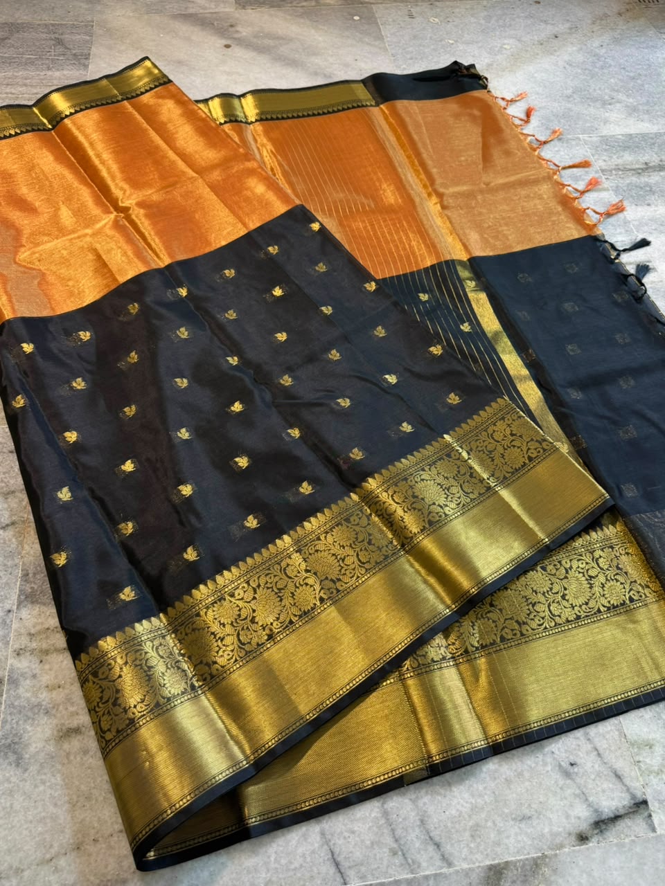 Black & Copper Orange Soft Tissue Saree with Gold Zari Floral Border | Festive & Wedding Saree