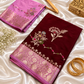 Wine Katan Silk Saree with Rani Pink Golden Zari Border & Floral Work | Contrast Blouse | Wedding Festive Saree