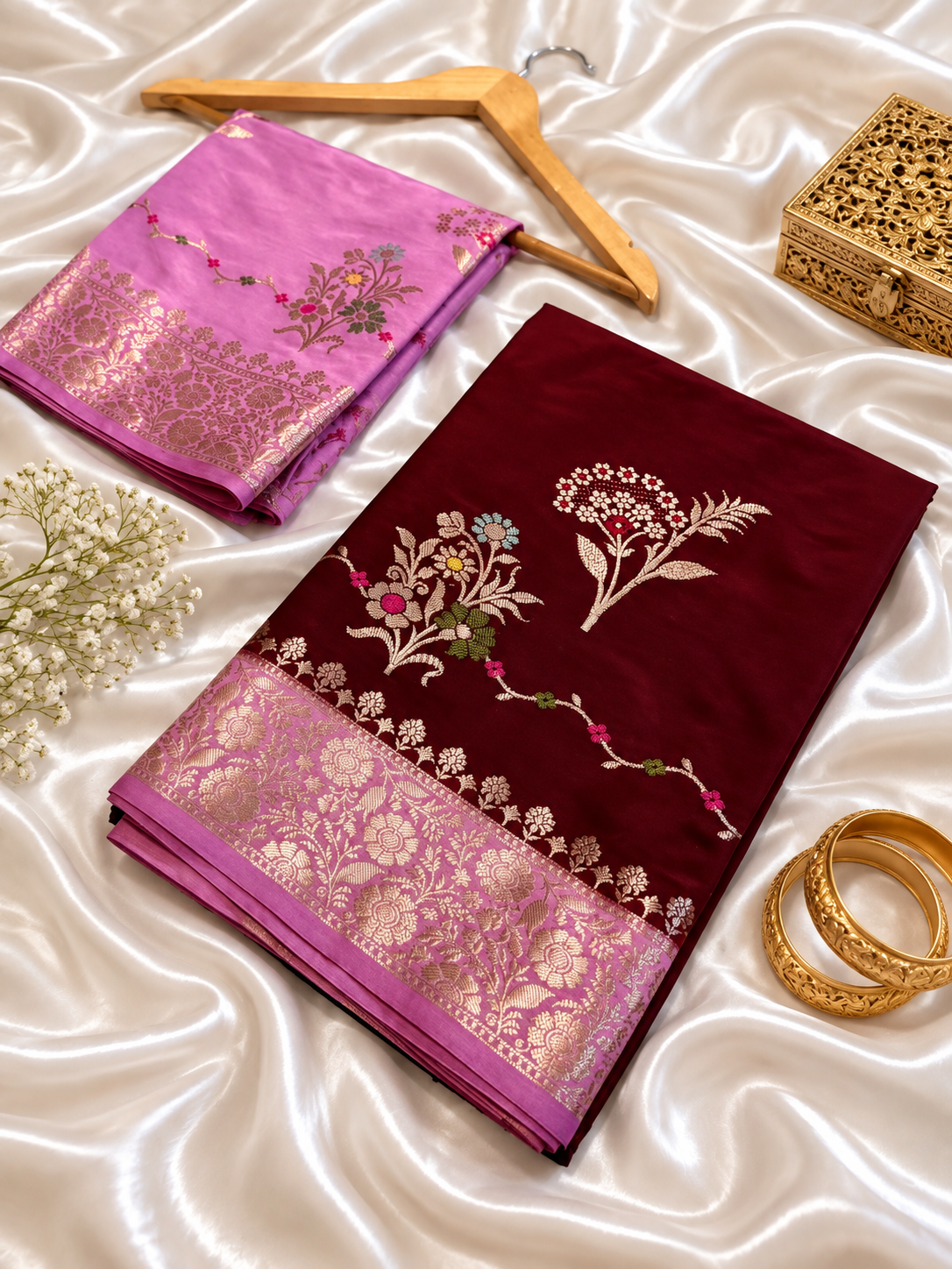 Wine Katan Silk Saree with Rani Pink Golden Zari Border & Floral Work | Contrast Blouse | Wedding Festive Saree