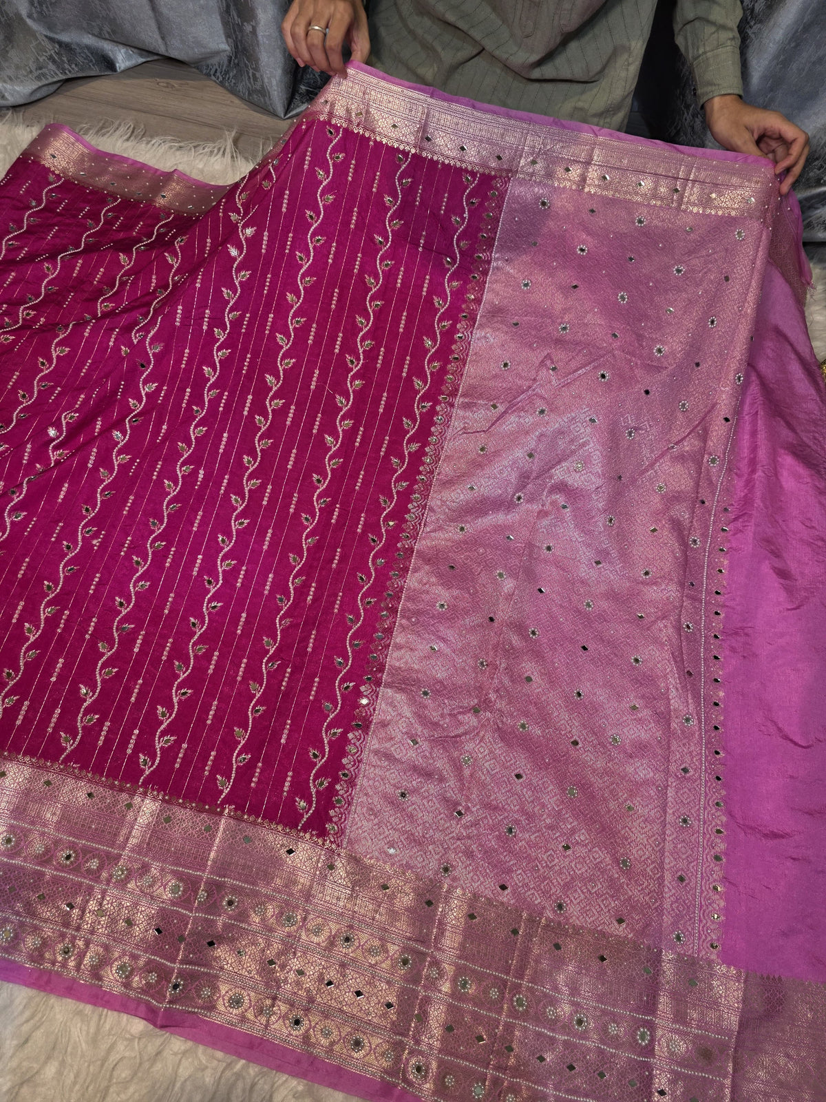 Pink Chinya Silk Saree with Mirror & Pearl Work | Designer Festive Saree