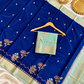 Royal Blue Katan Silk Saree with Mint Green Zari Border & Floral Buti Work | Contrast Blouse | Wedding Festive Saree