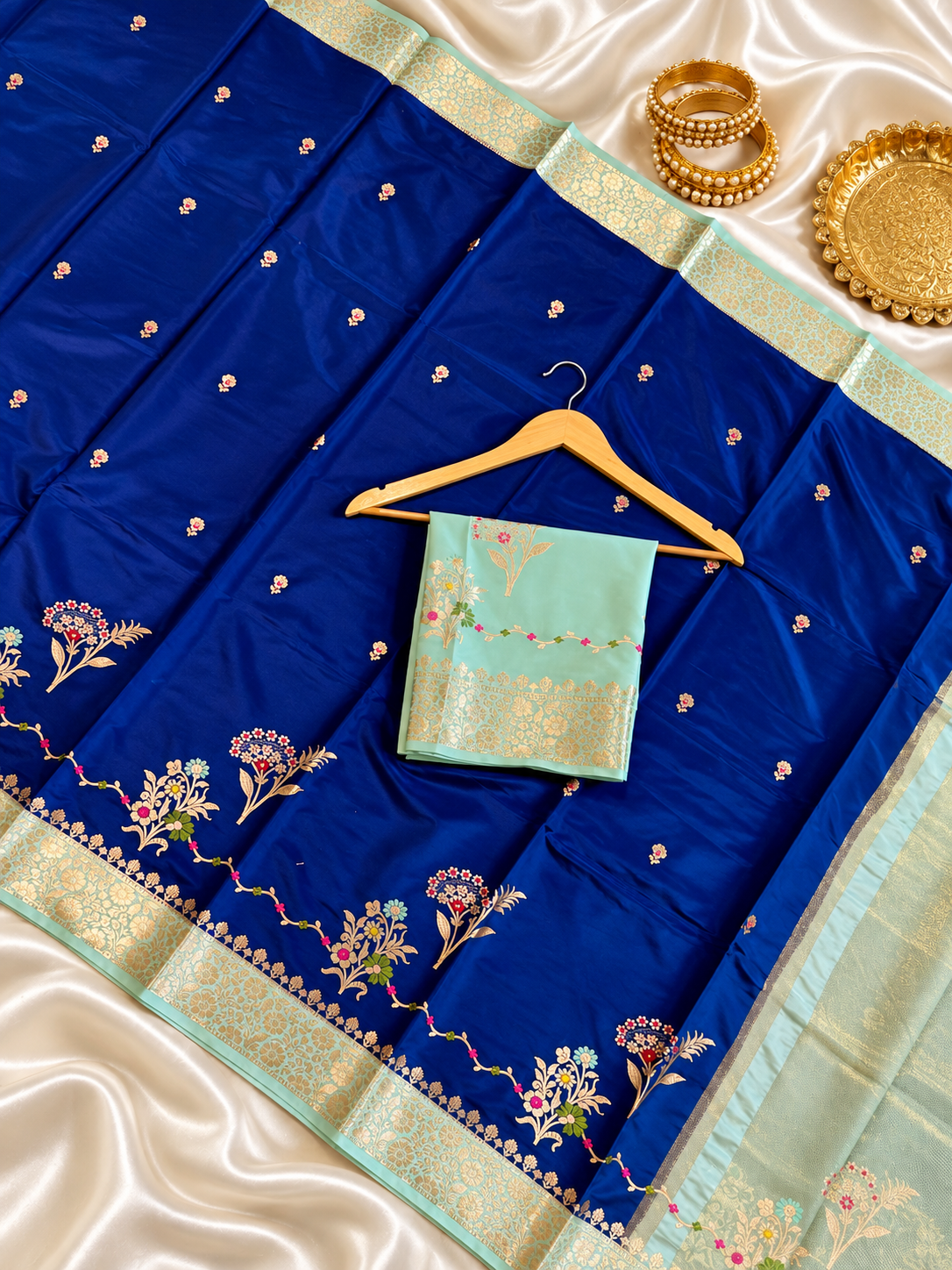 Royal Blue Katan Silk Saree with Mint Green Zari Border & Floral Buti Work | Contrast Blouse | Wedding Festive Saree