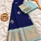 Navy Blue & Pastel Blue Banarasi Silk Saree with Floral Zari Weave & Designer Border