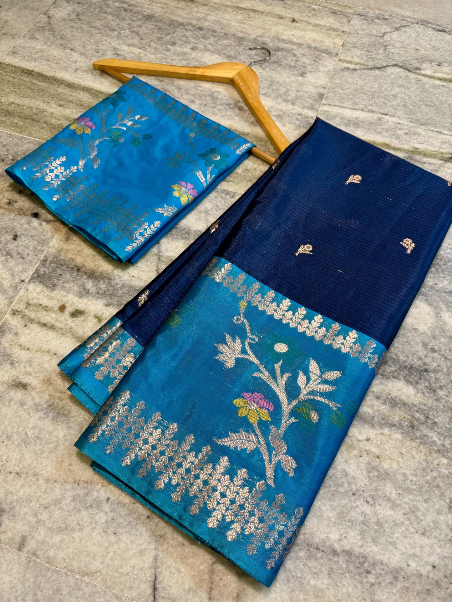 Royal Navy Blue & Sky Blue Soft Silk Saree with Floral Zari Border