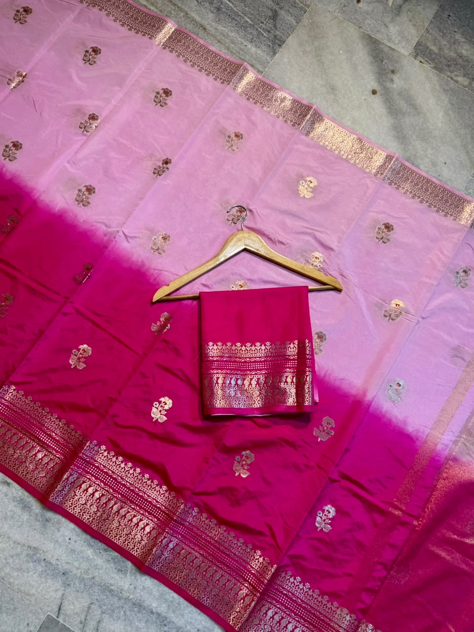 Raw Mango Baby Pink and Rani Pink Silk Saree | Festive Dual Tone Zari Border Saree