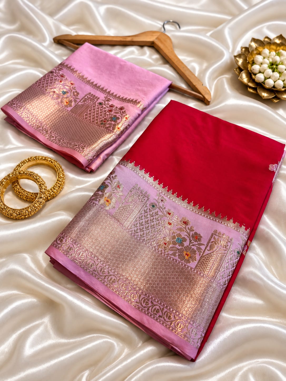 Red Banarasi Silk Saree with Pink Zari Border & Floral Buti | Traditional Designer Saree