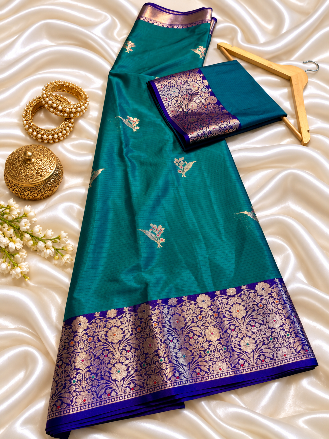 Katan Silk Saree for Women | Teal Blue Saree with Rich Zari Floral Border | Elegant Traditional Party Wear Saree