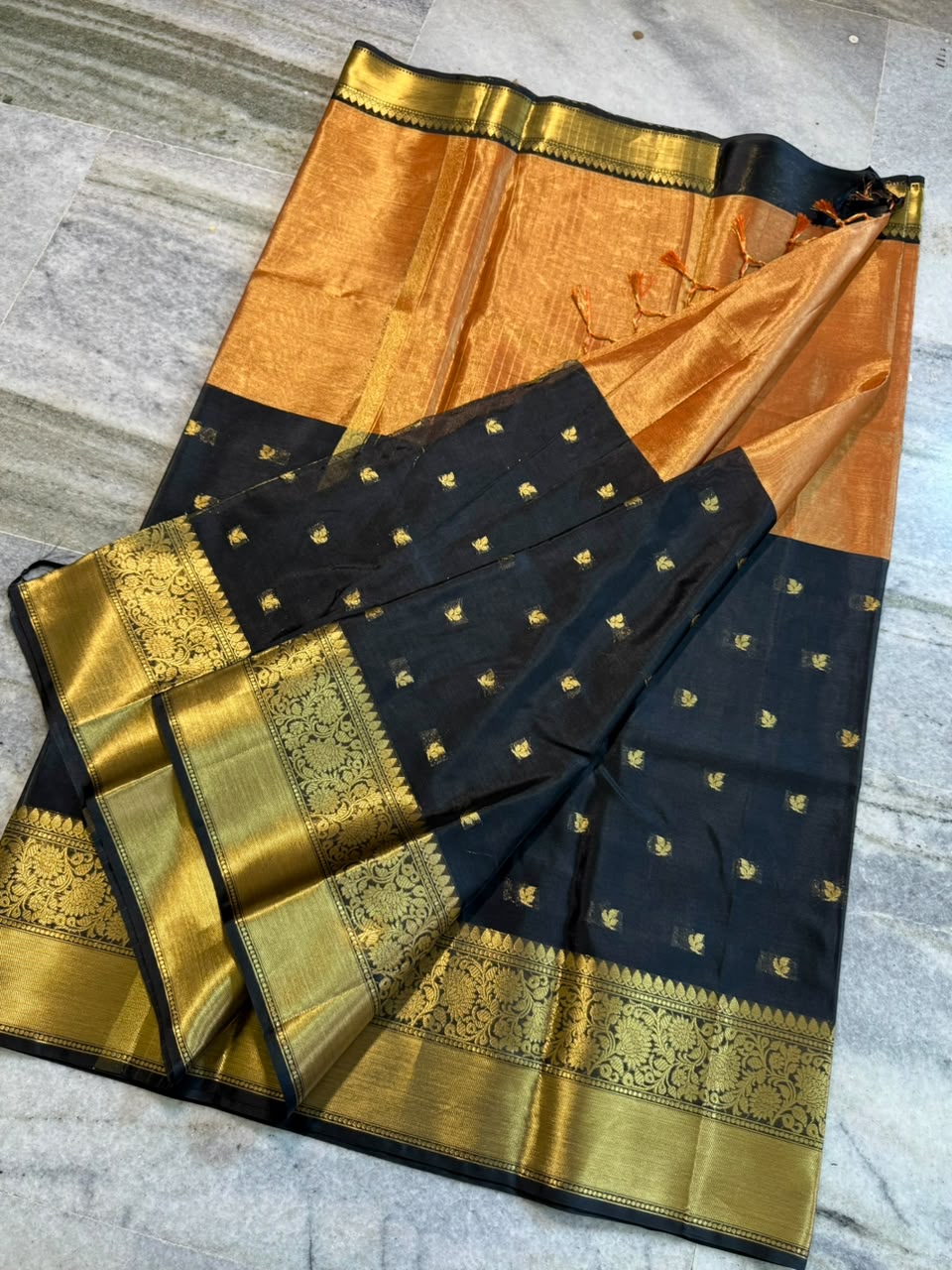 Black & Copper Orange Soft Tissue Saree with Gold Zari Floral Border | Festive & Wedding Saree