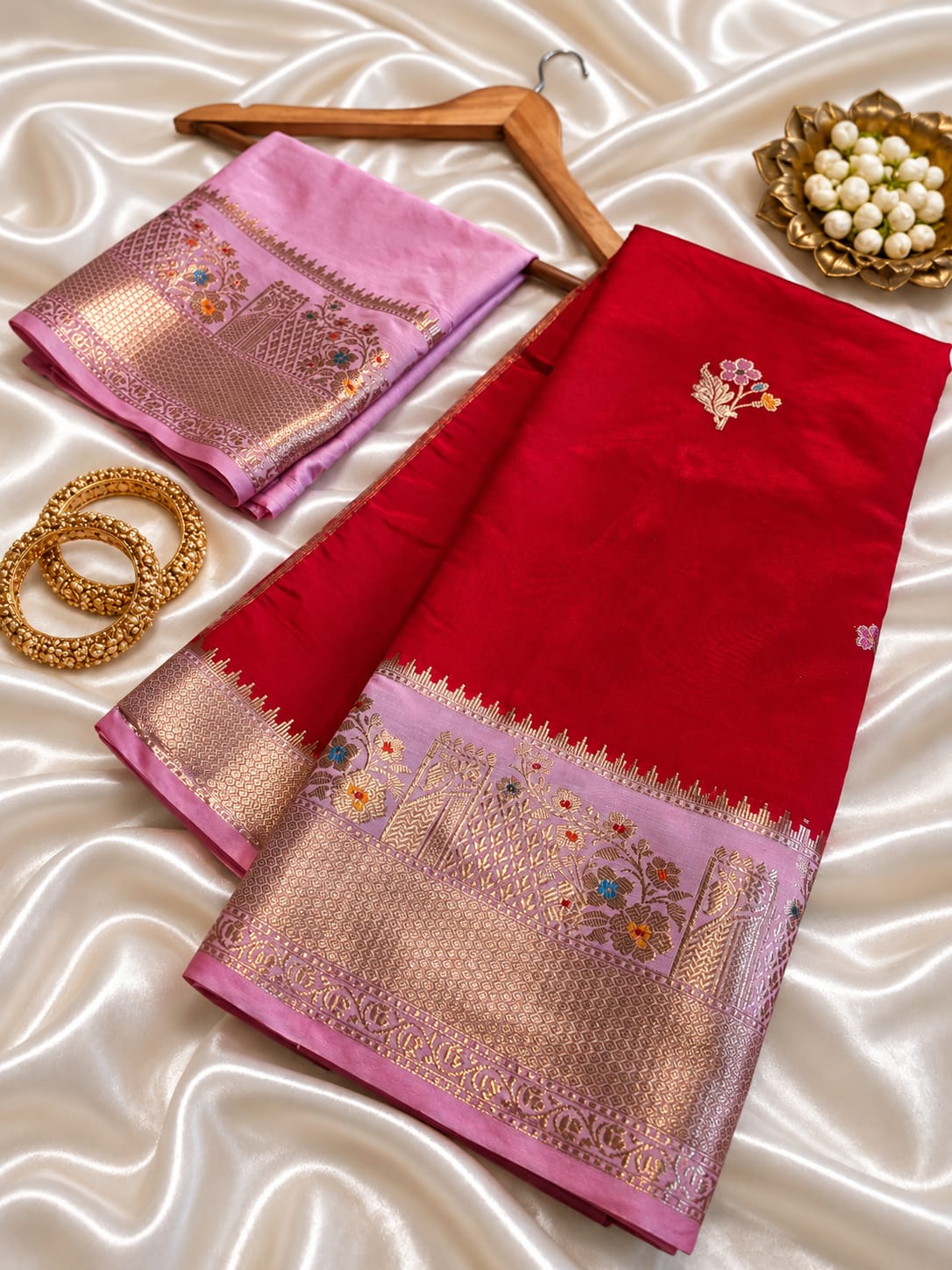 Red Banarasi Silk Saree with Pink Zari Border & Floral Buti | Traditional Designer Saree