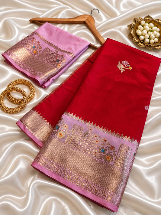 Red Banarasi Silk Saree with Pink Zari Border & Floral Buti | Traditional Designer Saree
