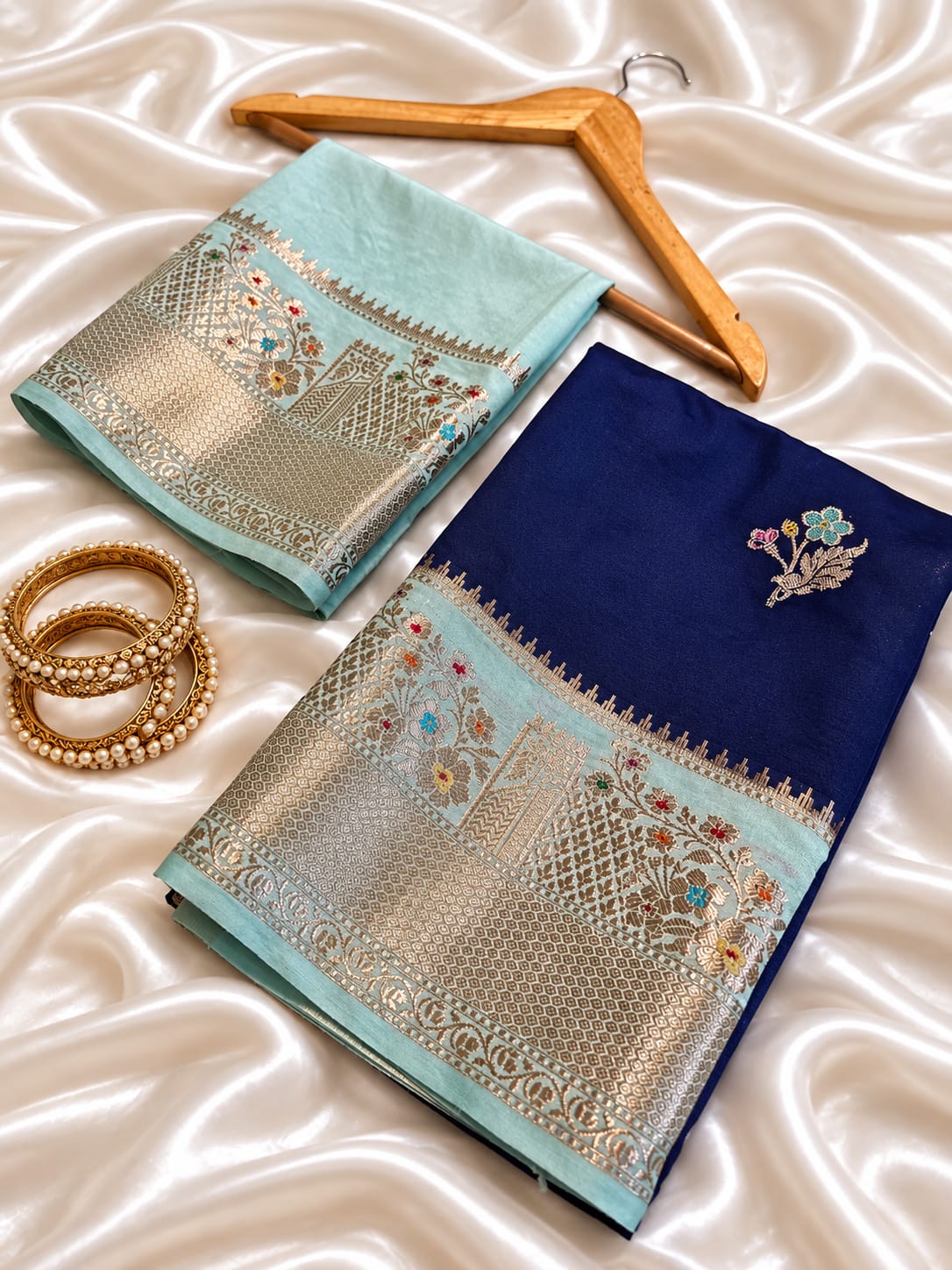 Navy Blue & Pastel Blue Banarasi Silk Saree with Floral Zari Weave & Designer Border