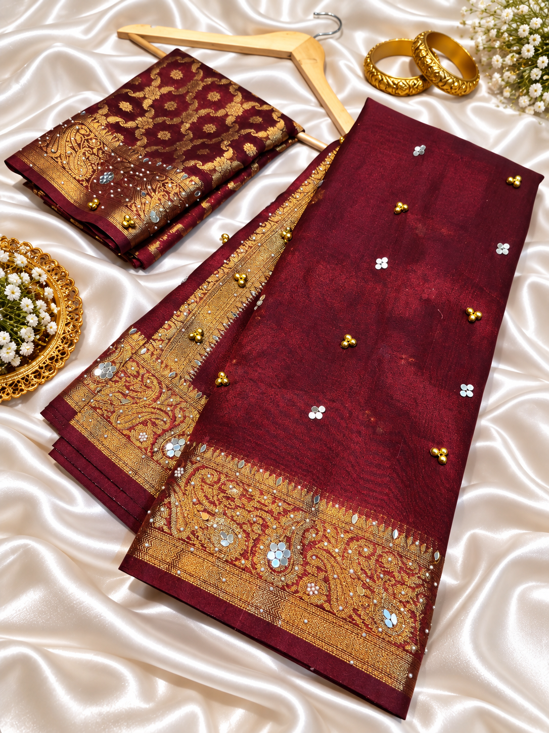 Maroon Tissue Silk Saree with Ghungroo, Mirror & Moti Work | Rich Golden Zari Designer Saree for Wedding & Festive Wear