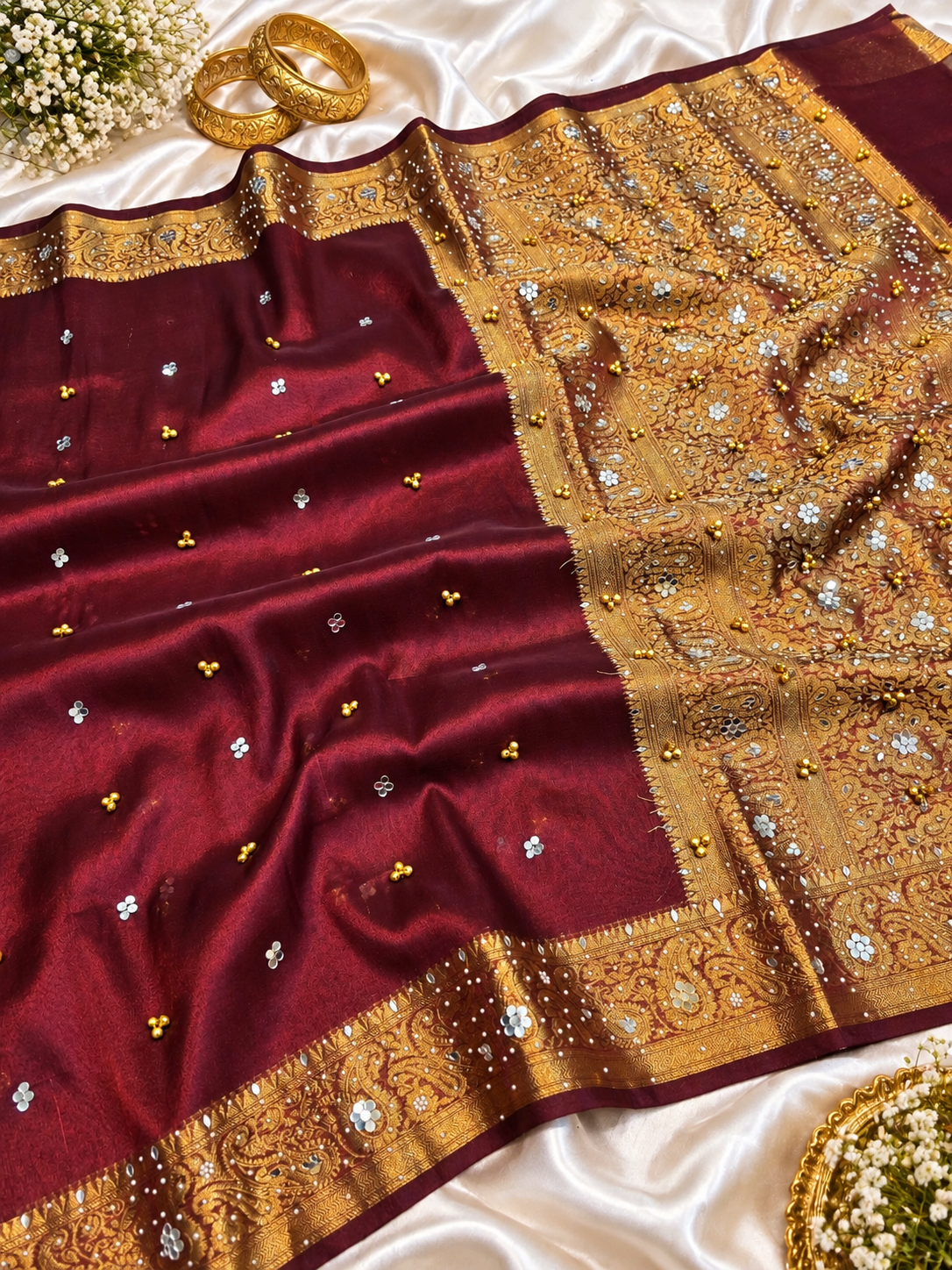 Maroon Tissue Silk Saree with Ghungroo, Mirror & Moti Work | Rich Golden Zari Designer Saree for Wedding & Festive Wear