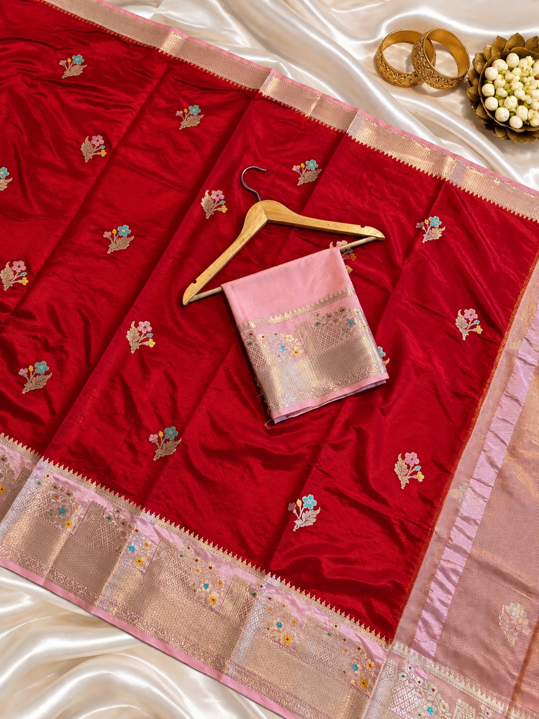 Red Banarasi Silk Saree with Pink Zari Border & Floral Buti | Traditional Designer Saree