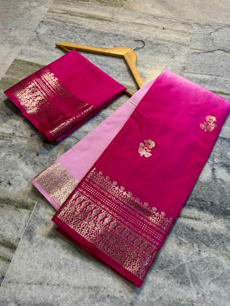 Raw Mango Baby Pink and Rani Pink Silk Saree | Festive Dual Tone Zari Border Saree