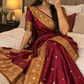 Maroon Tissue Silk Saree with Ghungroo, Mirror & Moti Work | Rich Golden Zari Designer Saree for Wedding & Festive Wear