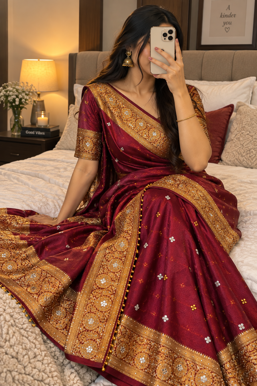 Maroon Tissue Silk Saree with Ghungroo, Mirror & Moti Work | Rich Golden Zari Designer Saree for Wedding & Festive Wear