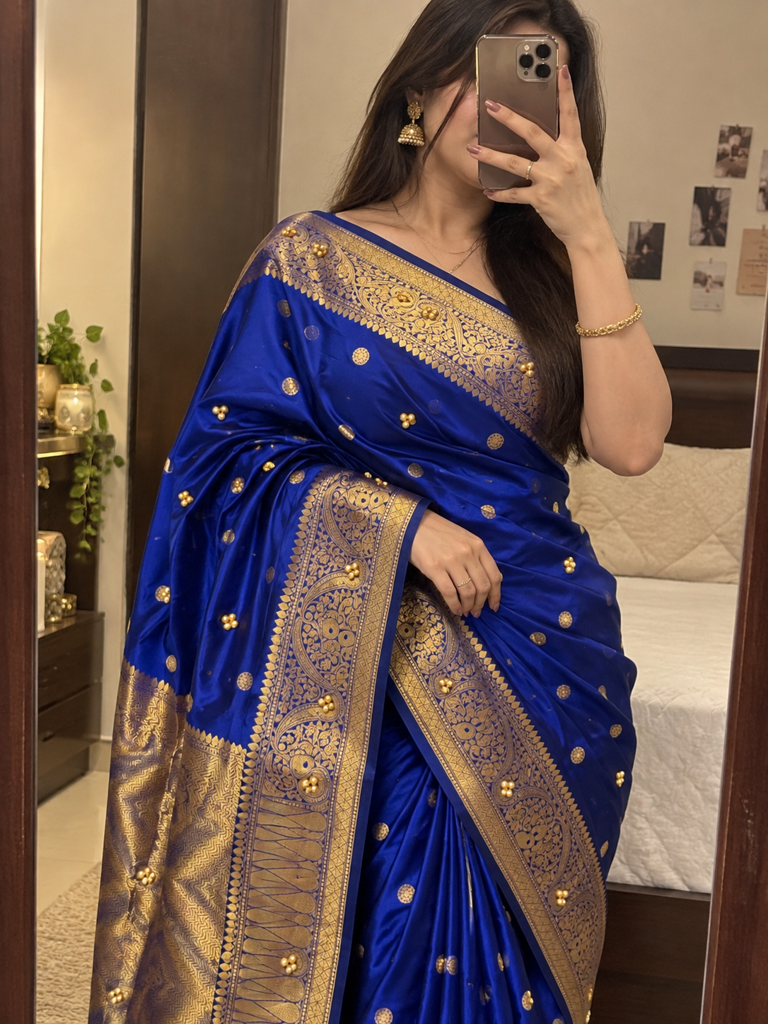 Royal Blue Katan Silk Buti Saree with Ghungroo Work & Rich Golden Zari Border | Traditional Wedding & Festive Saree