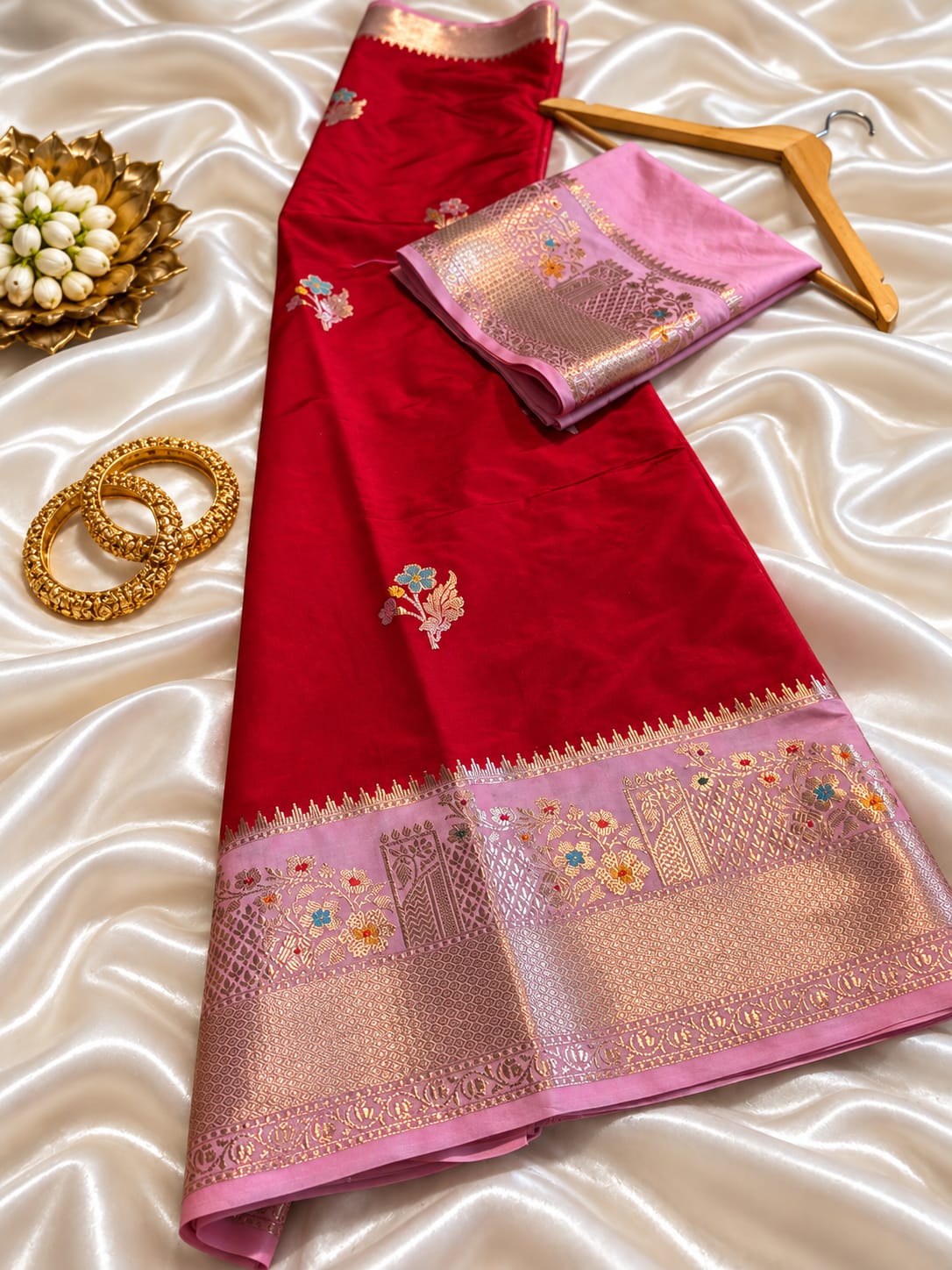 Red Banarasi Silk Saree with Pink Zari Border & Floral Buti | Traditional Designer Saree