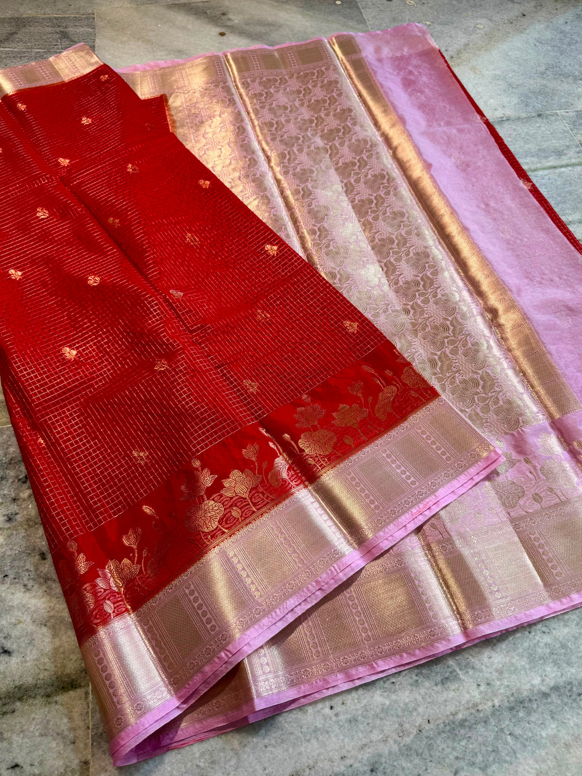 Red Katan Silk Saree with Pink Zari Border & Floral Weave | Traditional Indian Saree