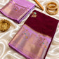Wine Maroon Banarasi Silk Saree with Lavender Zari Border & Floral Buti