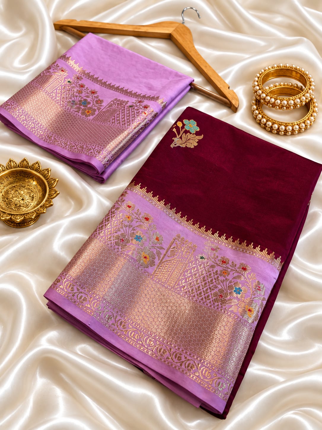 Wine Maroon Banarasi Silk Saree with Lavender Zari Border & Floral Buti
