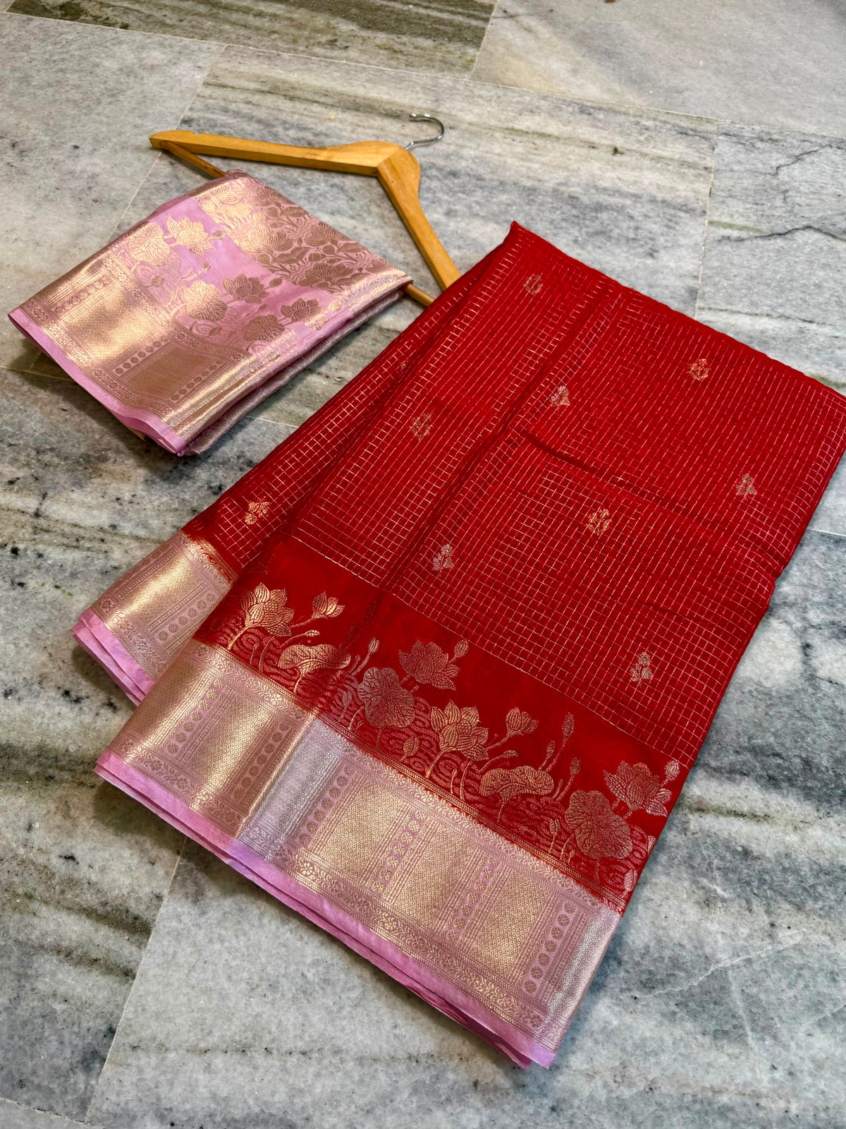 Red Katan Silk Saree with Pink Zari Border & Floral Weave | Traditional Indian Saree
