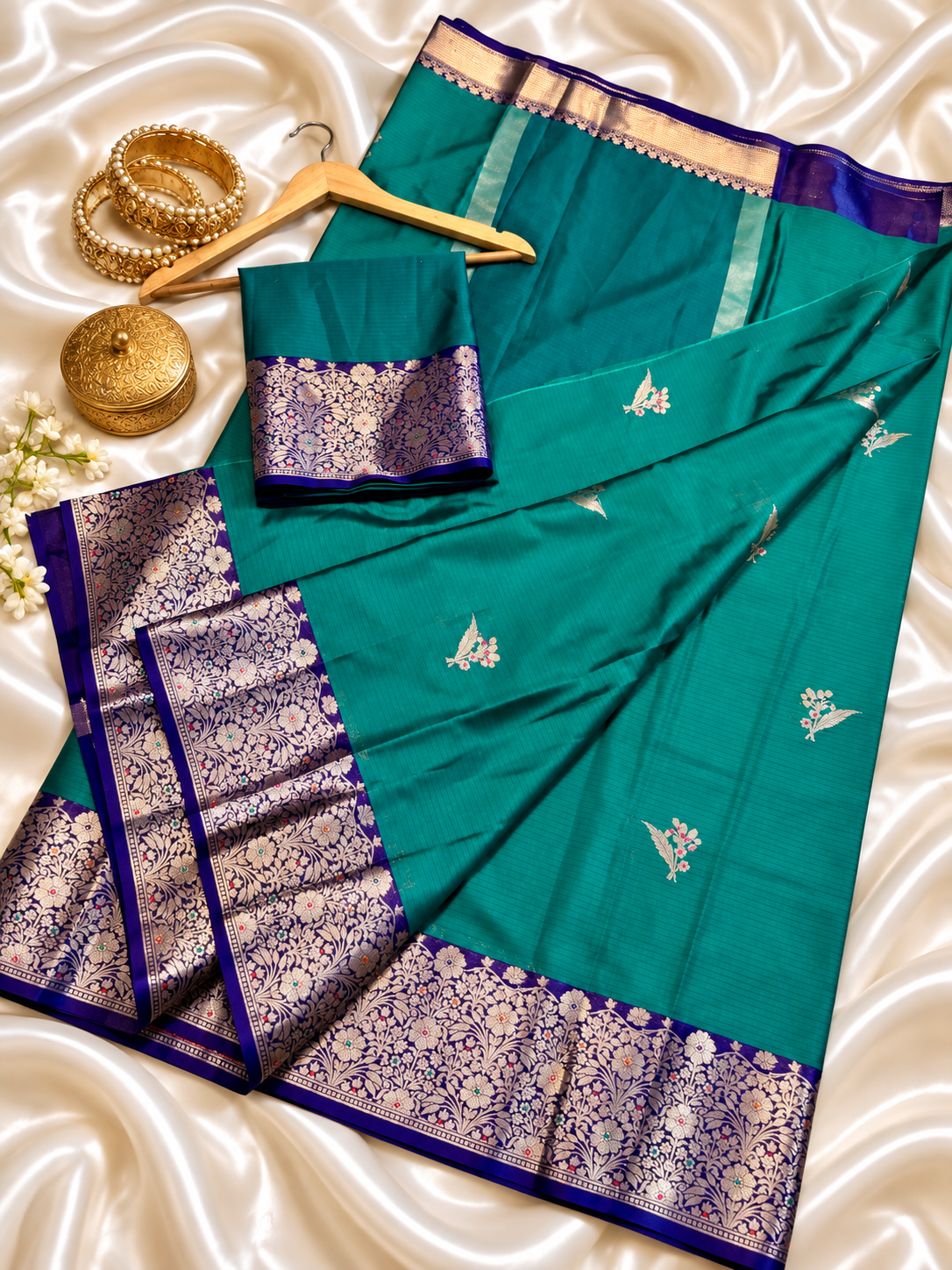Katan Silk Saree for Women | Teal Blue Saree with Rich Zari Floral Border | Elegant Traditional Party Wear Saree
