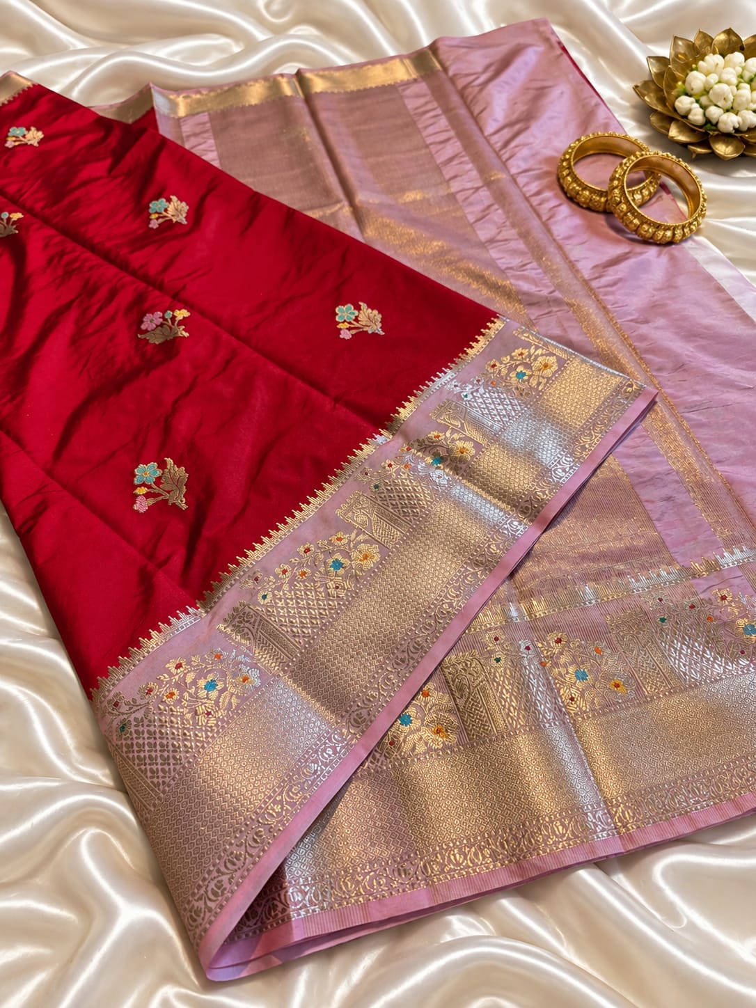 Red Banarasi Silk Saree with Pink Zari Border & Floral Buti | Traditional Designer Saree