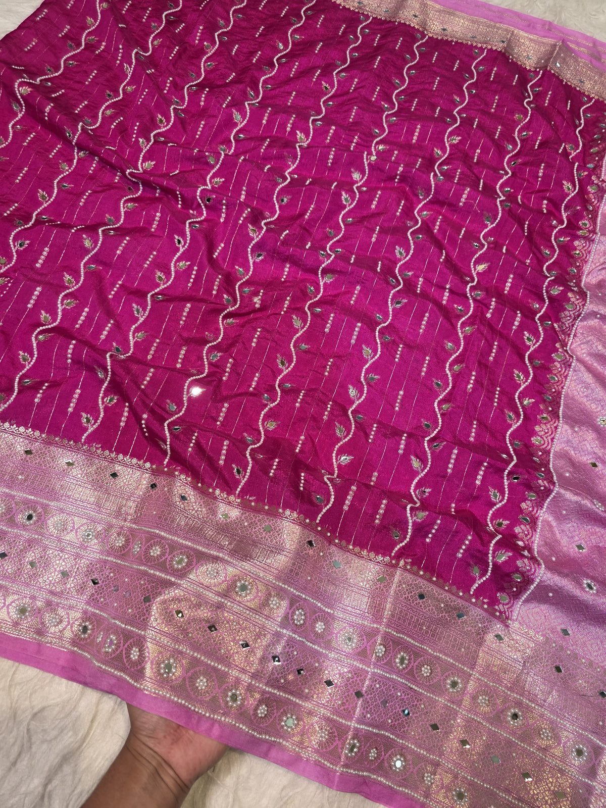 Pink Chinya Silk Saree with Mirror & Pearl Work | Designer Festive Saree