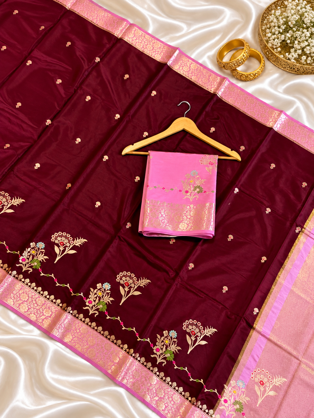 Wine Katan Silk Saree with Rani Pink Golden Zari Border & Floral Work | Contrast Blouse | Wedding Festive Saree