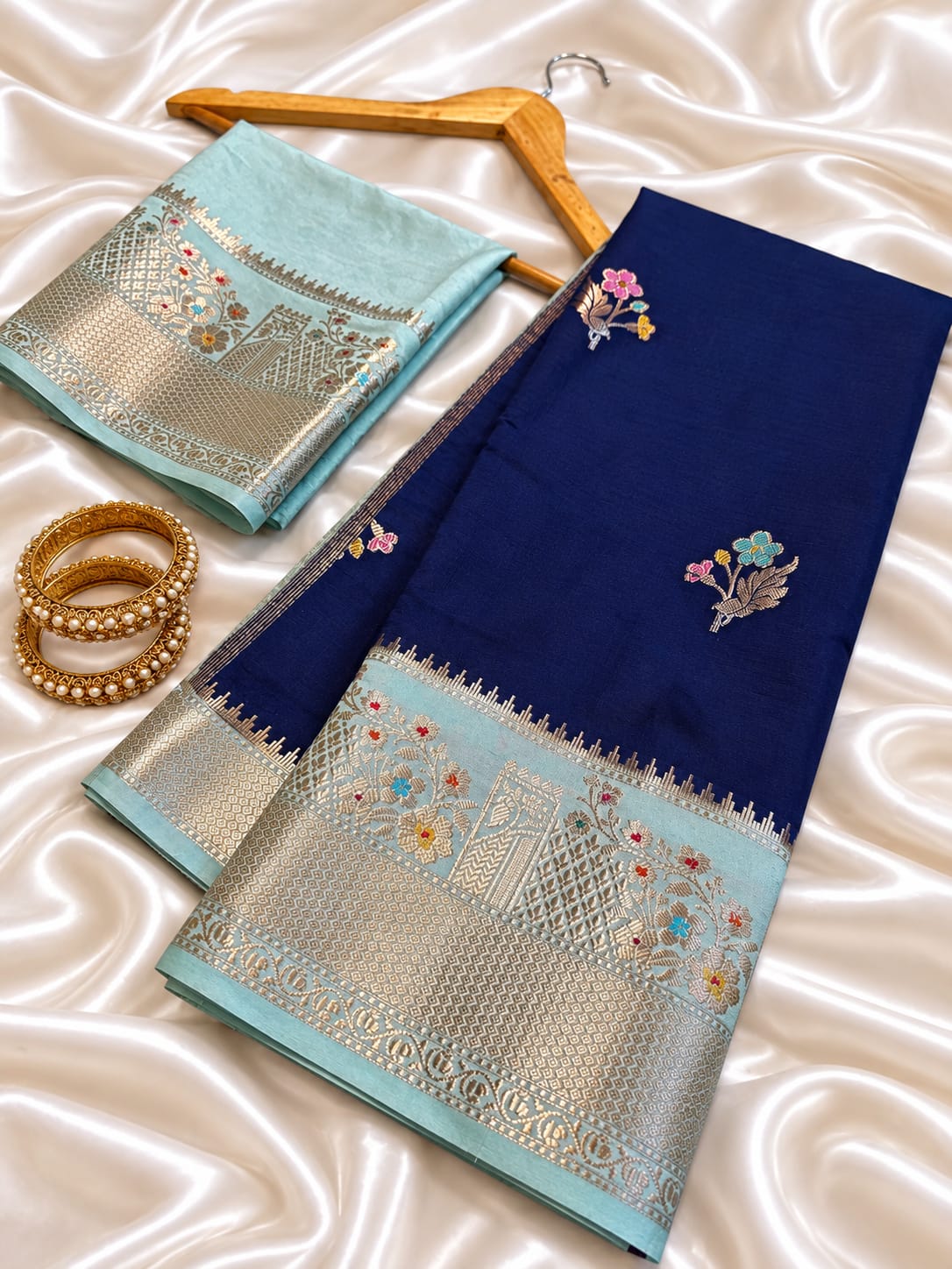 Navy Blue & Pastel Blue Banarasi Silk Saree with Floral Zari Weave & Designer Border