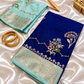 Royal Blue Katan Silk Saree with Mint Green Zari Border & Floral Buti Work | Contrast Blouse | Wedding Festive Saree